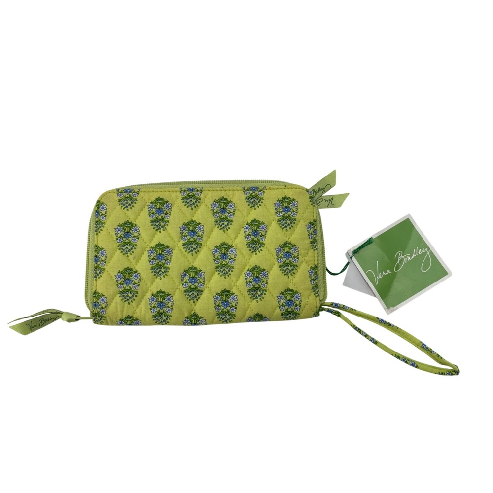 Vera Bradley Lime Green Blue Floral Quilted Cotton Zip Around Wristlet Wallet